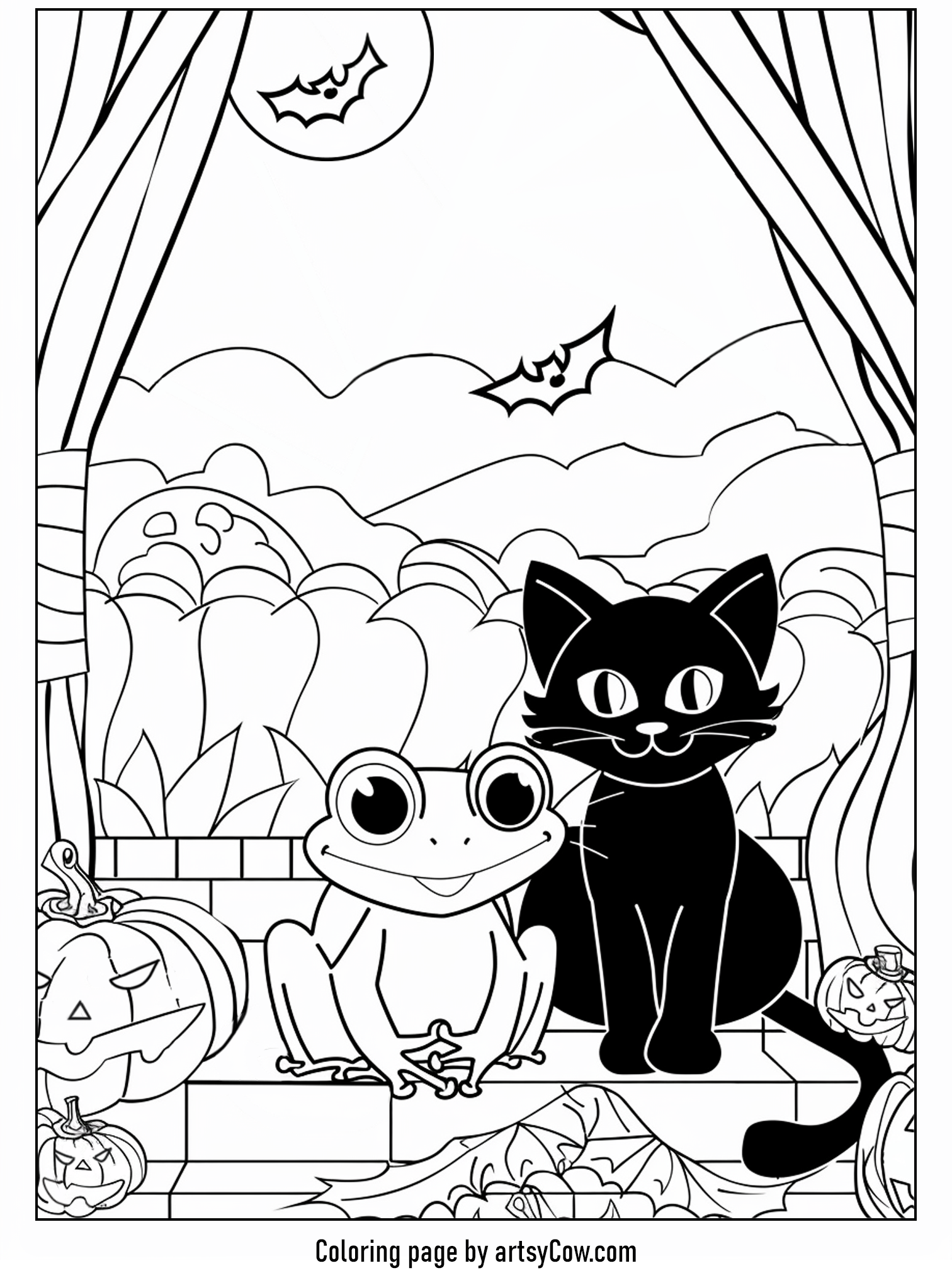 a playful frog and a spooky black cat sitting together on a stone slab